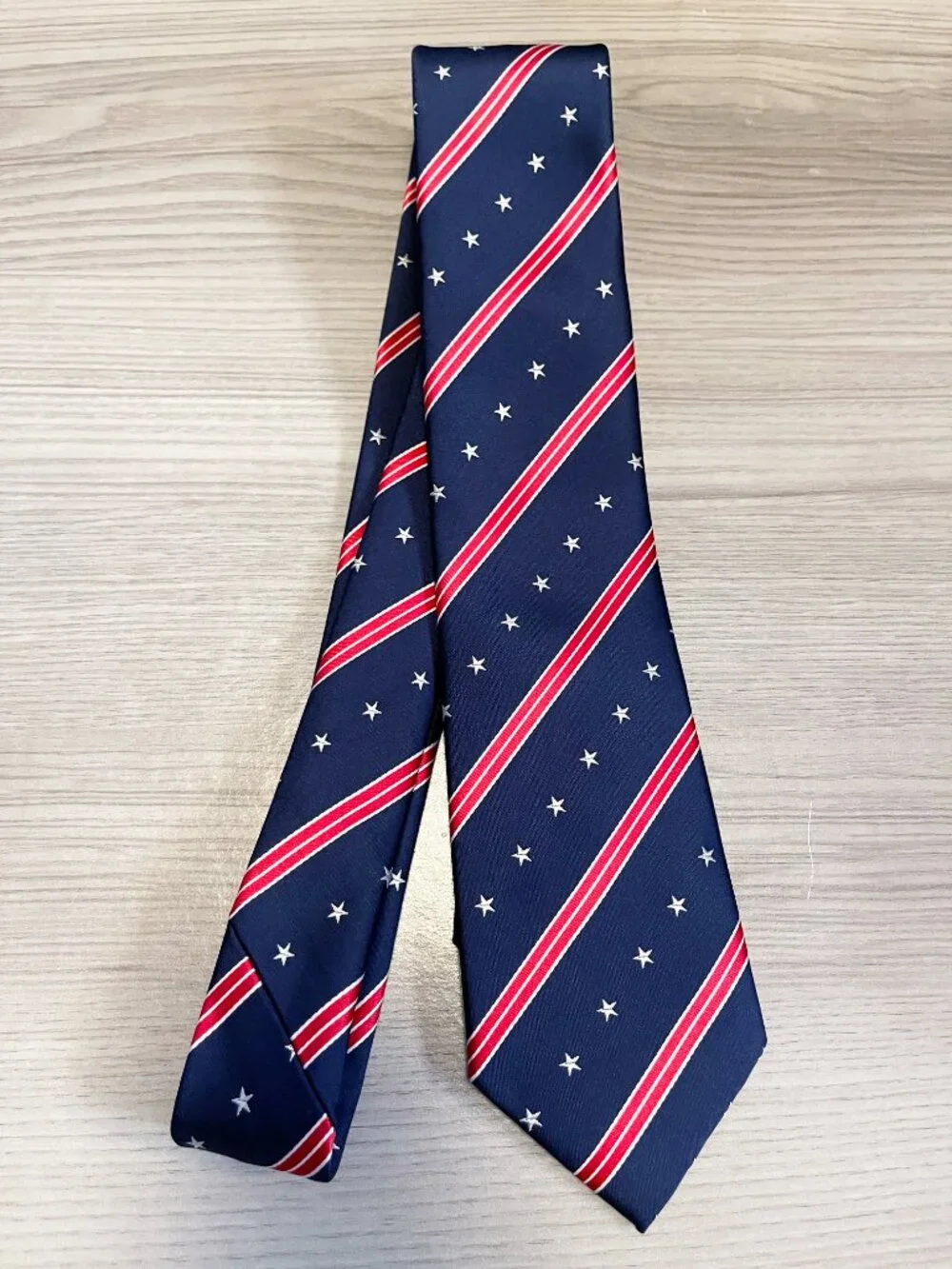 Mondieu Men's 100% Silk Tie Navy Red White Stars Stripes Patriotic Necktie